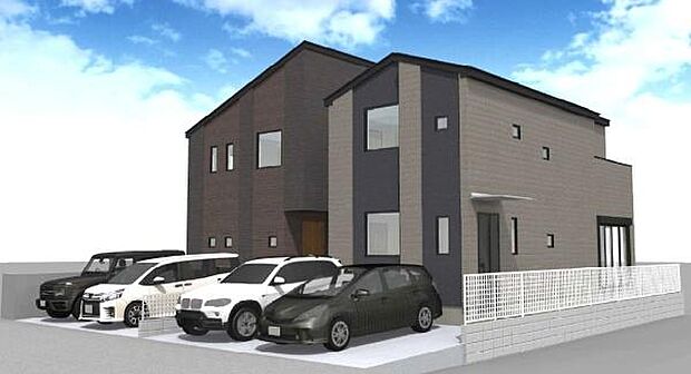 《完成予想図》　■陽当たりが良い土地に、スタイリッシュかつ重厚感のある外観。ブラックベースな外観にちょっとしたはめ込み窓がおしゃれさを際立たせます。（イメージパースは実際と異なる場合があります）