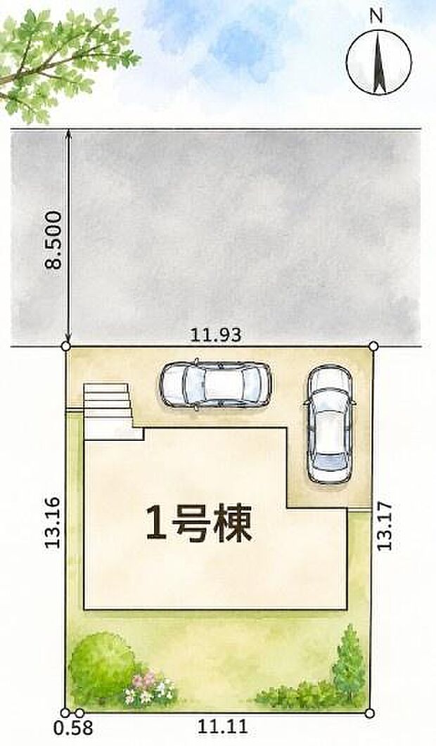 《区画図》 ■北側道路に面した、間口約11.9mのゆとりある敷地計画。駐車2台分のスペースを確保し、南側には緑を楽しめる庭も。毎日の出入りがしやすく、開放感と使い勝手に配慮した住まいです。