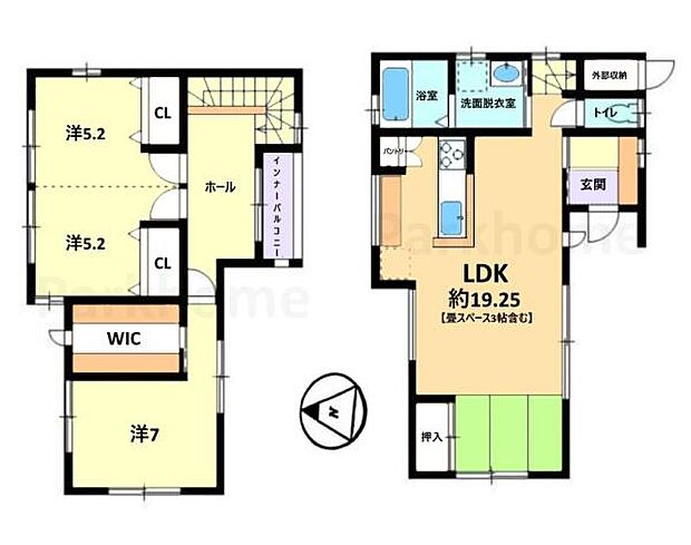 【間取り】LDKが畳スペースと併せてゆったりとした19.25帖！各居室に収納もあり、使い勝手の良い間取りとなっております！空家ですのでお気軽にお問い合わせ、ご見学お申しつけ下さいませ。
