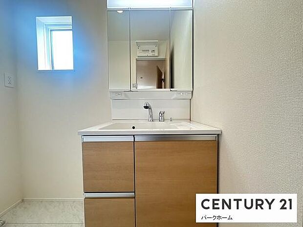 三面鏡にハンドシャワー付き、使いやすい洗面台。