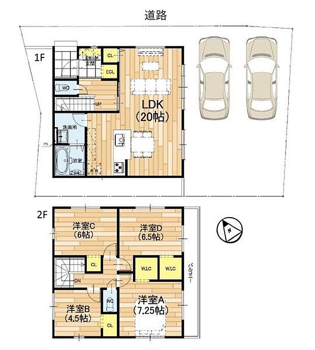 LDK20帖×家事動線良好。2階4室＋主寝室WIC2カ所。南バルコニー、並列駐車可（車種による）