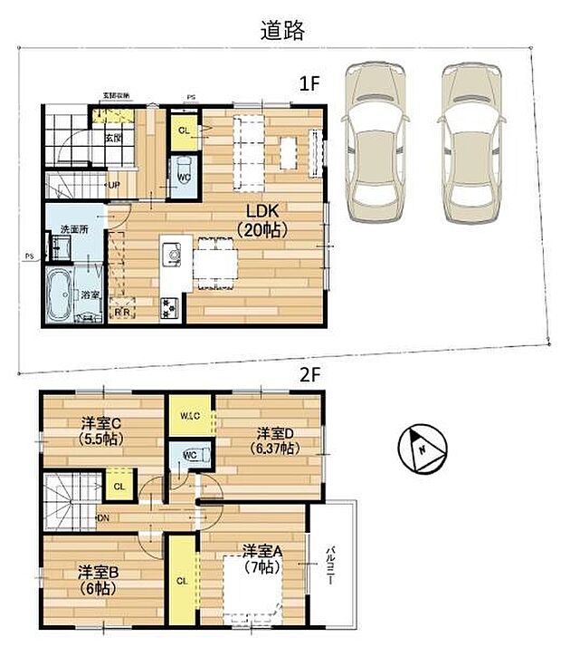 LDK20帖×家事動線良好。2階4室＋WIC＋2階トイレ。主寝室は南面バルコニーに面した間取り