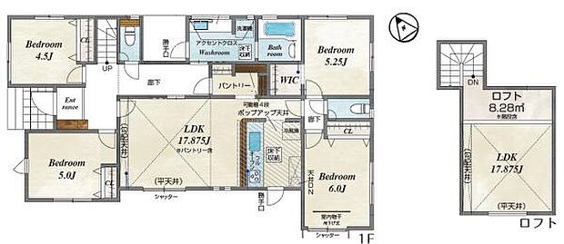 ロフト付き4LDK。17.8帖LDK×パントリー×WICで収納豊富、家事動線良好