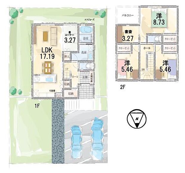 建物プラン例3LDK+畳コーナー、土地価格1990万円、建物価2420万円、建物面積107.39平米 外構費別途要