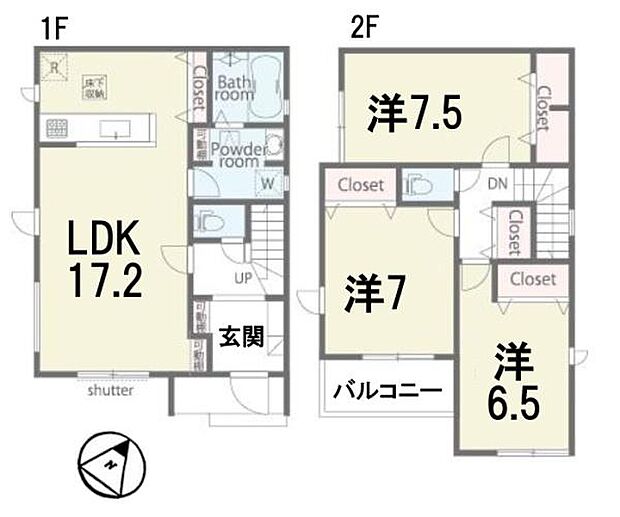 LDK17.2帖、全居室6.5帖以上のゆとり設計。2階は3洋室+バルコニーで家事動線も良好。