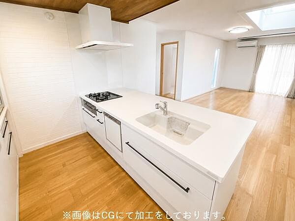 ※画像はCGにて家具を消す等加工をしておりますフルフラット型でお洒落なキッチンです。物を置くスペースとしても、対面に椅子を置いてカウンターにしても、お子様と一緒に料理する作業場としても◎