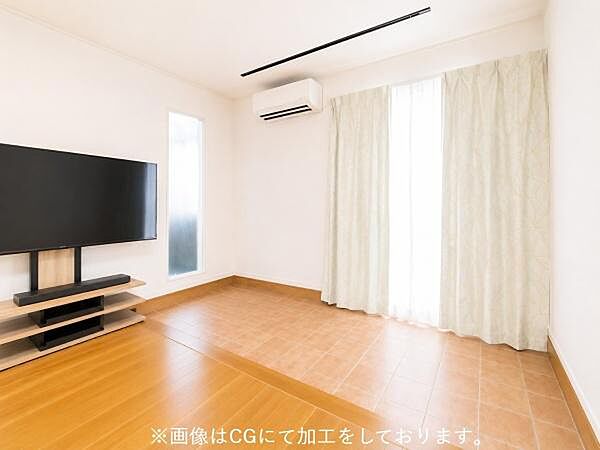 ※画像はCGにて家具を消す等加工をしております珍しい土間LDKです。一段下がっている事で広い空間を感じる事ができます。