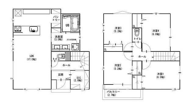 《間取り》■リビング中心の新生活。光を取り入れる開放的な設計で居心地の良い時間を演出します。広々、17.0帖のＬＤＫは明るくみんなが集まる快適空間。
