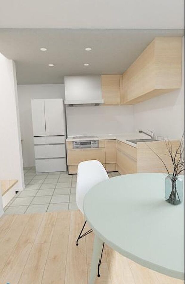 キッチンエリアには名古屋モザイクの床タイルを採用し、本物志向の質感や洗練された無駄のないミニマルな暮らしを楽しめる家に仕上がります。