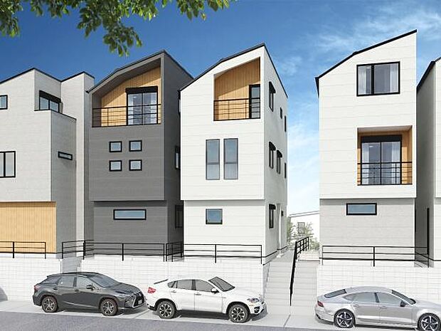 《完成予想図》 ■陽当たりが良い土地に、スタイリッシュかつ重厚感のある外観。本画像はCGで作成しており、実際に現地に車は置かれておりません。また、価格に車は含まれておりません。