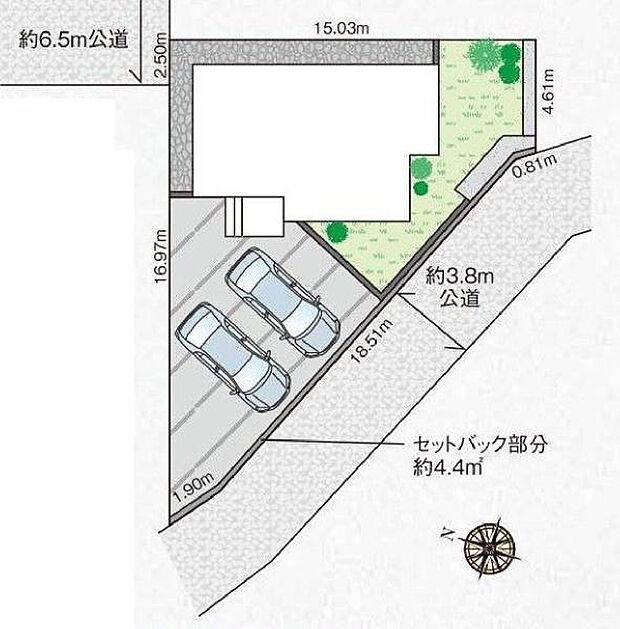 カースペース2台。庭付きの新築。