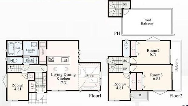 《間取り》ルーフバルコニー付新築■リビング中心の新生活。光を取り入れる開放的な設計で居心地の良い時間を演出します。
