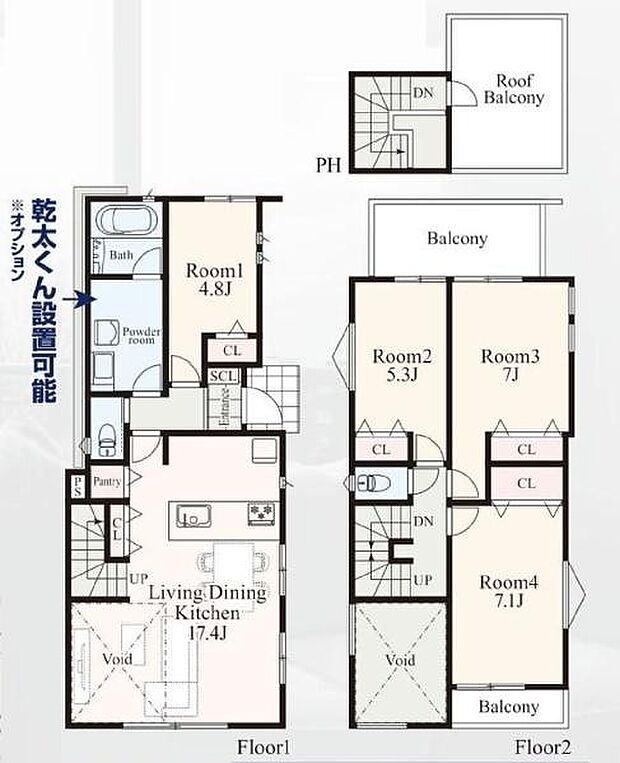 ルーフバルコニー付き。リビング中心の新生活。光を取り入れる開放的な設計で居心地の良い時間を演出します。
