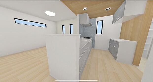 広々としたペニンシュラキッチンは、家族や友人とともに過ごす理想的な空間です。キッチン裏にはパントリー付き。