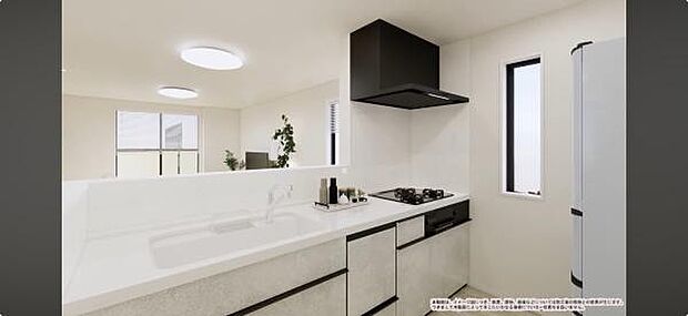 《キッチン 完成予想図》 ■会話を楽しみながら食事を味わう。一緒にいる時間が楽しい空間。カフェにいるような気分で毎日を過ごしたい。家族でいる時間を柔らかに包み込むインテリア。