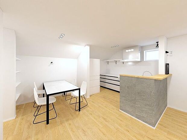 《キッチン 完成予想図》 ■会話を楽しみながら食事を味わう。一緒にいる時間が楽しい空間。カフェにいるような気分で毎日を過ごしたい。家族でいる時間を柔らかに包み込むインテリア。