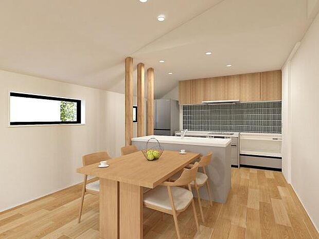 木の温もりを感じられる素材で全体を統一。キッチン周りには白いタイルをあしらい、清潔感のあるすっきりとした印象に。壁面には、温かみのある風合いが魅力のウォームカラーを採用し、心地よさと落ち着きを演出