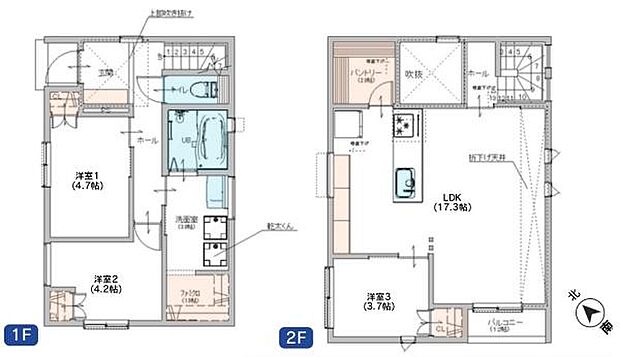住まう方すべてが快適に過ごせるよう、各所にたっぷりのゆとりと収納スペースをレイアウト。2.0帖のパントリー、1.5帖のファミリークローゼット。広さの取れた洗面室には乾太くん。(ガス式乾燥機付き)