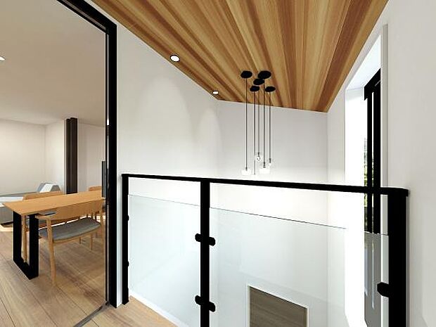 玄関上部の吹き抜け。開放感のある玄関空間