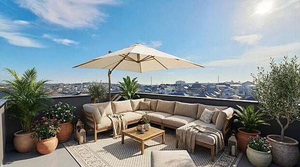 《ルーフバルコニー》遠方まで景色を見渡せて、空の青さに包まれるような心地よさを味わえます。(本画像家具はCGで作成しており、実際に現地に家具はおかれておりません。また価格に家具は含まれておりません)