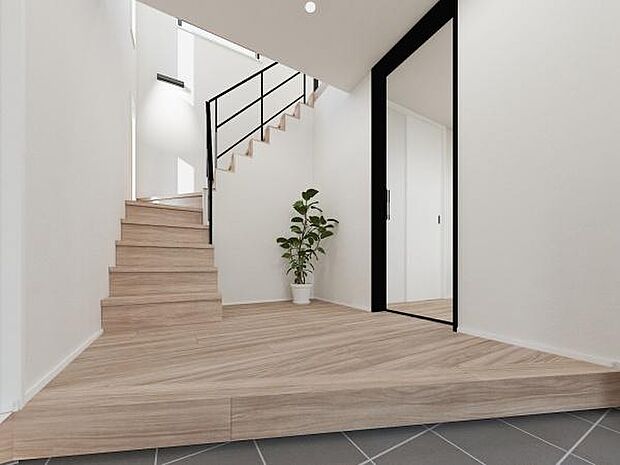 玄関ホールには印象的なデザイン階段を設置し、日々の帰宅が楽しみになるような空間に仕上がります。