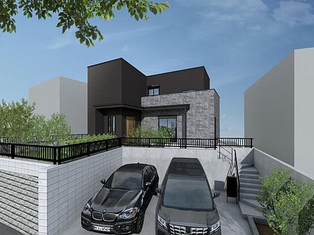 《完成予想図》　■陽当たりが良い土地に、スタイリッシュかつ重厚感のある外観。本画像はCGで作成しており、実際に現地に車は置かれておりません。また、価格に車は含まれておりません。