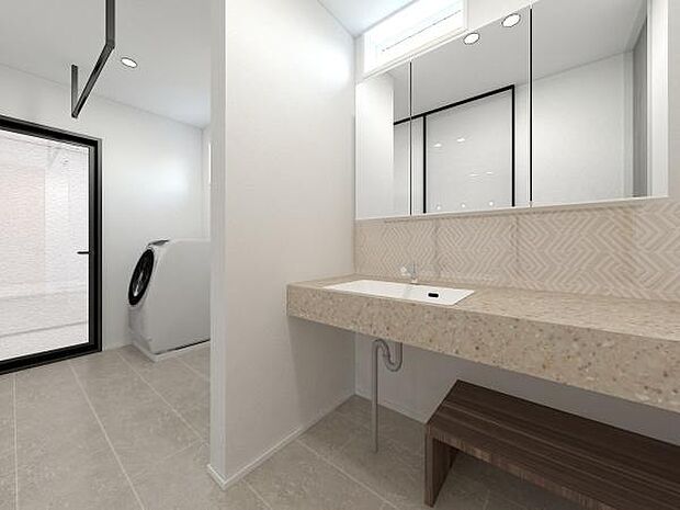 《洗面所 完成予想図》　■洗面化粧台の鏡は、メイクや髭剃りに便利な三面鏡タイプ。開いて合わせ鏡としても使用できます。鏡の裏側は収納スペースとして利用でき、小物などの保管に便利な棚も付いています。