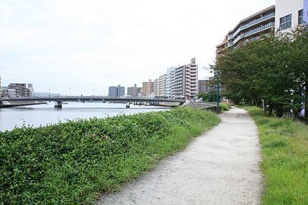 潮鶴橋水際緑道まで763m、潮見橋から潮鶴橋までの両岸の散歩道。市民参加で人々が憩えるよう整備し、平成6年に公開されました。