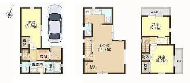 2階リビング3階建ての3LDK