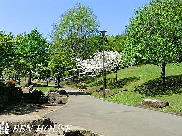 岸根公園 徒歩5分。樹々に囲まれた気持ちのよい公園です。 400m