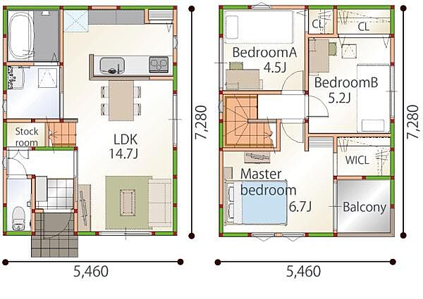 プラン例　間取り　3LDK　延床面積24坪　建物本体価格　税込み1538万円（諸費用、付帯工事費用は別途必要です。）