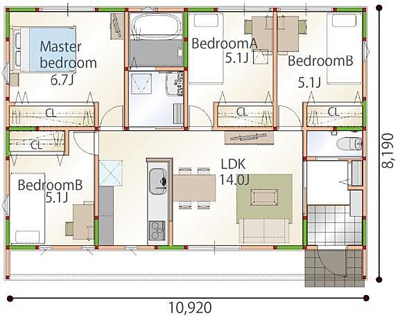 プラン例　間取り　4LDK　延床面積25坪　建物本体価格　税込み1538万円（諸費用、付帯工事費用は別途必要です。）