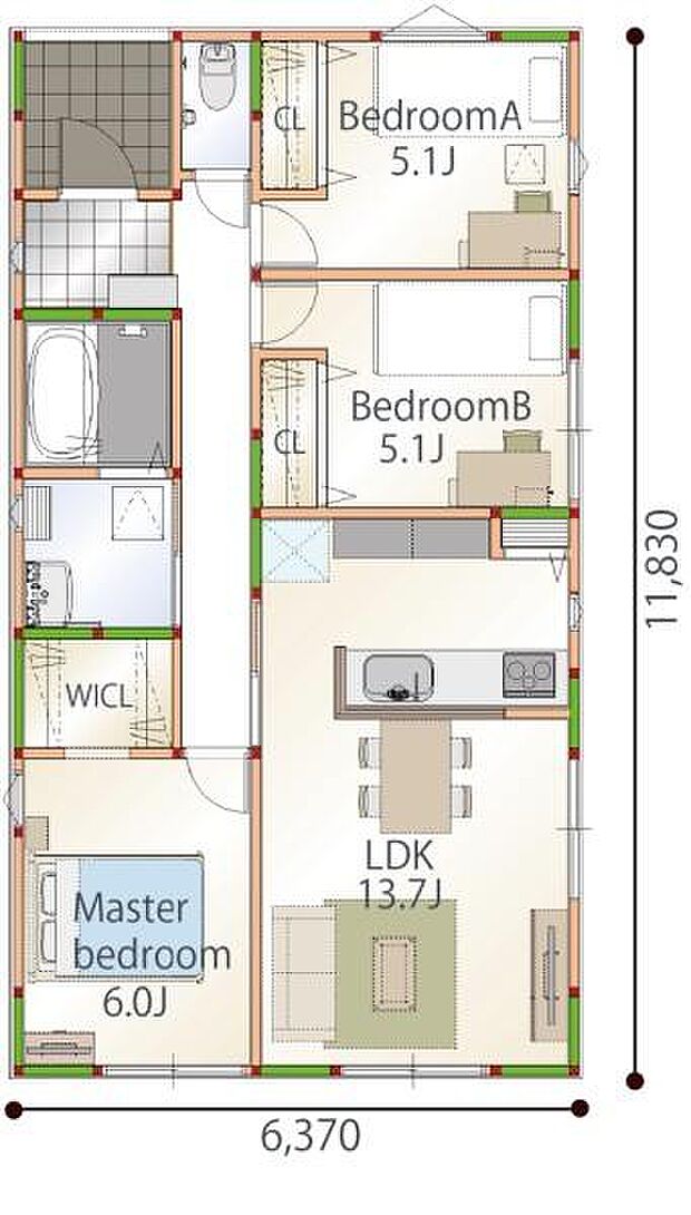 プラン例　間取り　3LDK　延床面積22坪　建物本体価格　税込み1428万円（諸費用、付帯工事費用は別途必要です。）