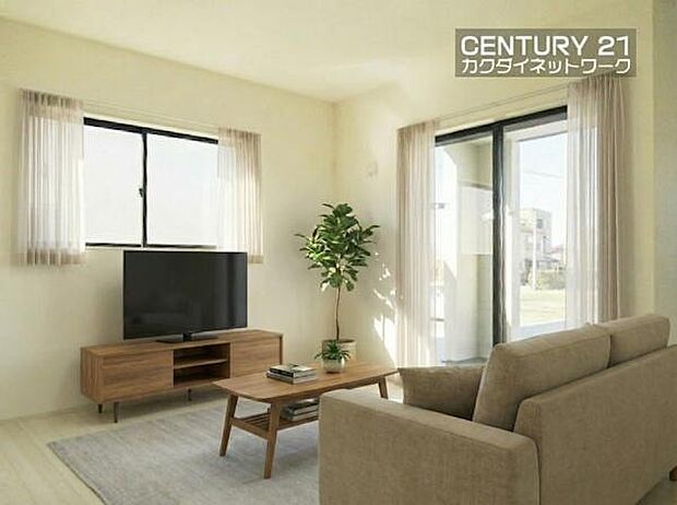 窓から差し込む陽光がリビングでくつろぐ家族を暖かく包み込みます。※家具はイメージです。