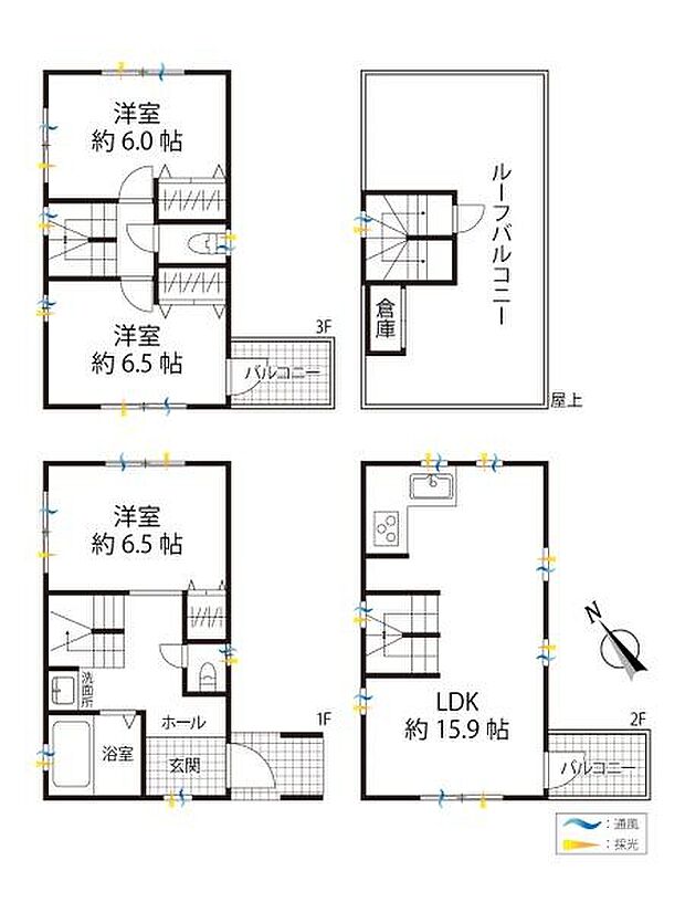 3LDKの間取り+ルーフバルコニ−綺麗にリノベーションされ間取りも動線がよく快適な暮らしができそうです。2階リビングで風通りがいいのもおススメです。