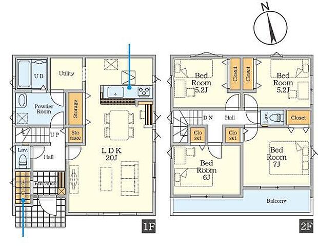 広々としたLDKが特徴的な間取りです。各部屋にはクローゼットがあり収納も充実しています。2階にはバルコニーが設置されており開放感が感じられます。