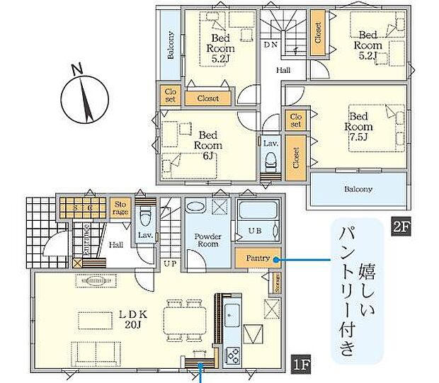 2階には3つのベッドルームが配置されておりそれぞれ収納スペースも備えています。1階には広々としたLDKがあり家事導線にも配慮されています。パントリーやストレージなどの収納も多彩で使いやすい間取りです。