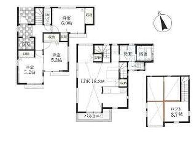 バルコニー付きの間取りでリビングは広々とした空間を確保しています。各居室6帖以上あり用途に合わせて利用できます。ロフトスペースも備えており収納や多目的に活用可能です。