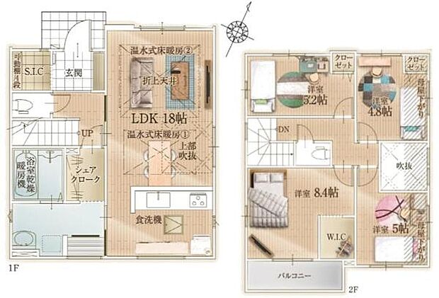 1階には広々としたLDKが配置されており家事動線も考えられた設計です。2階は各居室が独立しておりプライベートな空間が確保されています。