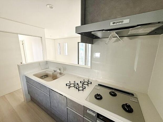 キッチン空間は直線的なレイアウトで作業動線がシンプルです。収納スペースも充実しているため整理整頓がしやすくなっています。明るい窓から自然光が入り室内の明るさを保ちます。