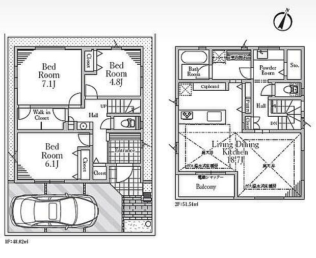 リビングダイニングキッチンは約18.7帖の広さを確保。各居室には収納スペースが設けられており収納力に配慮されています。ウォークインクローゼットも備えています。2階にはバルコニーがあり開放感があります。