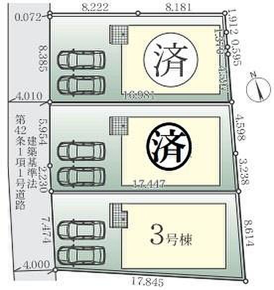 各区画に駐車スペースが用意されています。整った区画割りで使いやすい配置となっています。1号棟から3号棟まで敷地ごとにゆとりがあります。道路に面しておりアクセスもしやすい設計です。