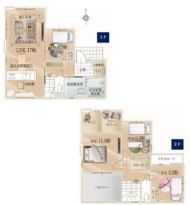 1階と2階にゆとりのある個室が配置されています。フリースペースやウォークインクローゼットなど収納も充実しています。バルコニーやテラスも備わっており快適な空間設計です。