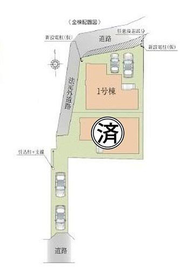 全体区画図では敷地内の建物配置や道路との接続が分かりやすく示されています。駐車スペースも明確に記載され利便性に配慮した設計です。引込柱や法定外道路の位置も図示されています。