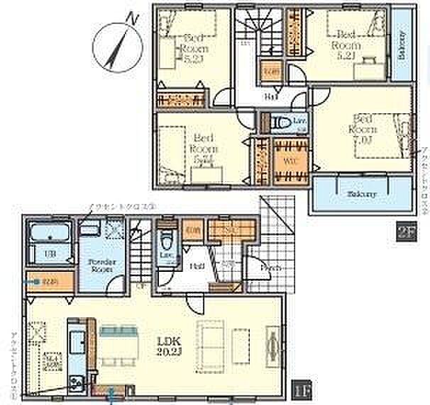 ゆとりあるLDKが特徴の間取りです。2階には4部屋設けられておりそれぞれ収納スペースも充実しています。1階は水回りがまとまって配置され使いやすい設計です。