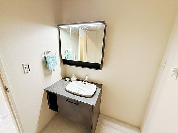 ミラーキャビネットが備わった洗面台は小物の収納にも便利です。シンプルなデザインで空間がすっきりとしています。カウンターも広く日常の使い勝手に配慮された洗面所です。
