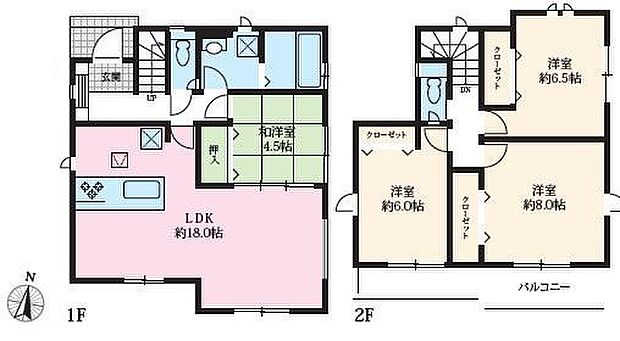 リビングダイニングキッチンは約18帖の広々とした空間です。1階には和室もあり多目的に利用できます。2階は洋室が3部屋あるため居住スペースを分けて使えるのが特長です。