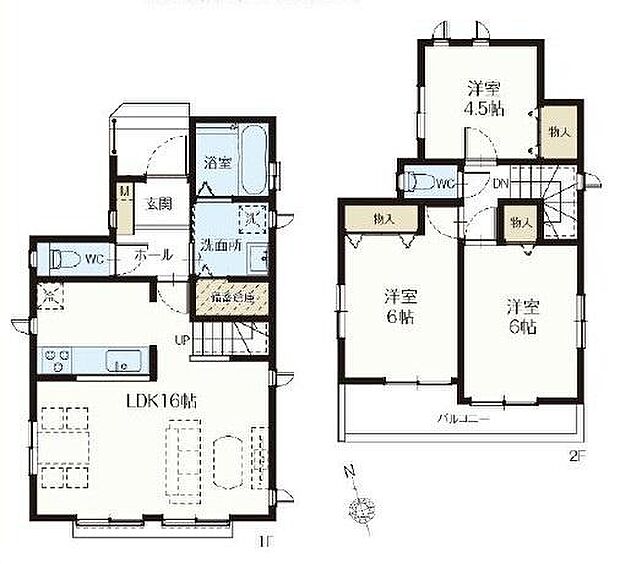1階には広々としたLDK16帖があり家事動線が考えられた配置です。浴室やトイレが1階と2階の両方に設けられています。各洋室には収納スペースもあり空間を有効に使えます。バルコニー付きで洗濯にも便利です。