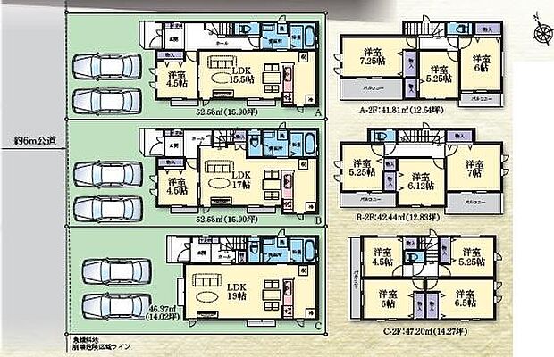全棟南向きで日当たりを感じられる設計です。駐車スペースが複数台分確保されています。各室がゆったりと配置され間取りにゆとりがあります。収納スペースも豊富で使い勝手に配慮されています。