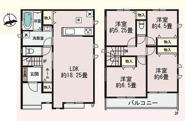 B号棟。LDKは約18.25畳の広さを確保しています。2階には洋室が4部屋ありそれぞれ収納スペースも充実。バルコニー付きで開放感があります。浴室や洗面室が1階にまとまっており家事動線がスムーズです。
